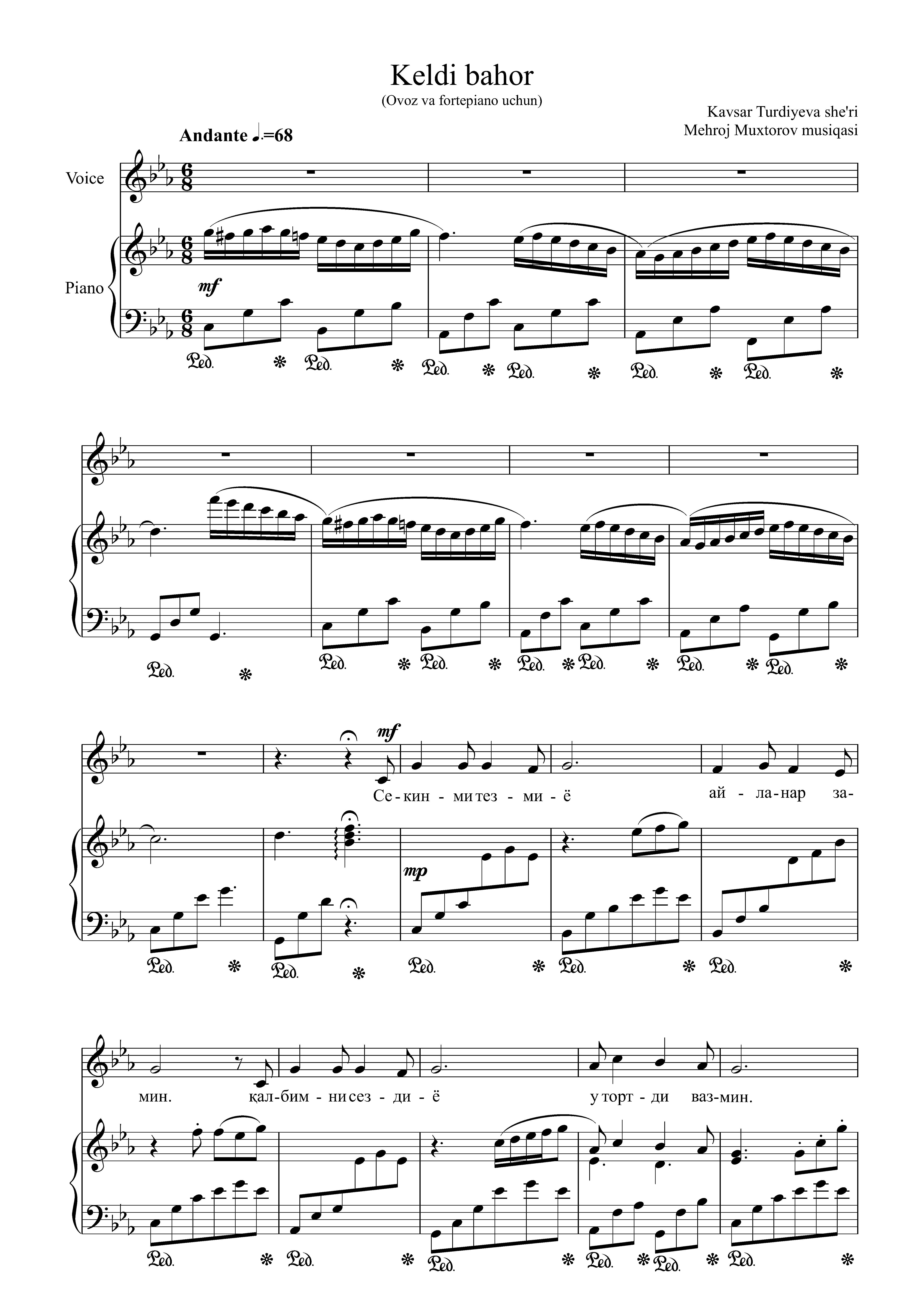 Keldi bahor-(Ovoz va fortepiano uchun qo'shiq)-Mehroj Muxtorov musiqasi, Kavsar Turdiyeva so'zi.