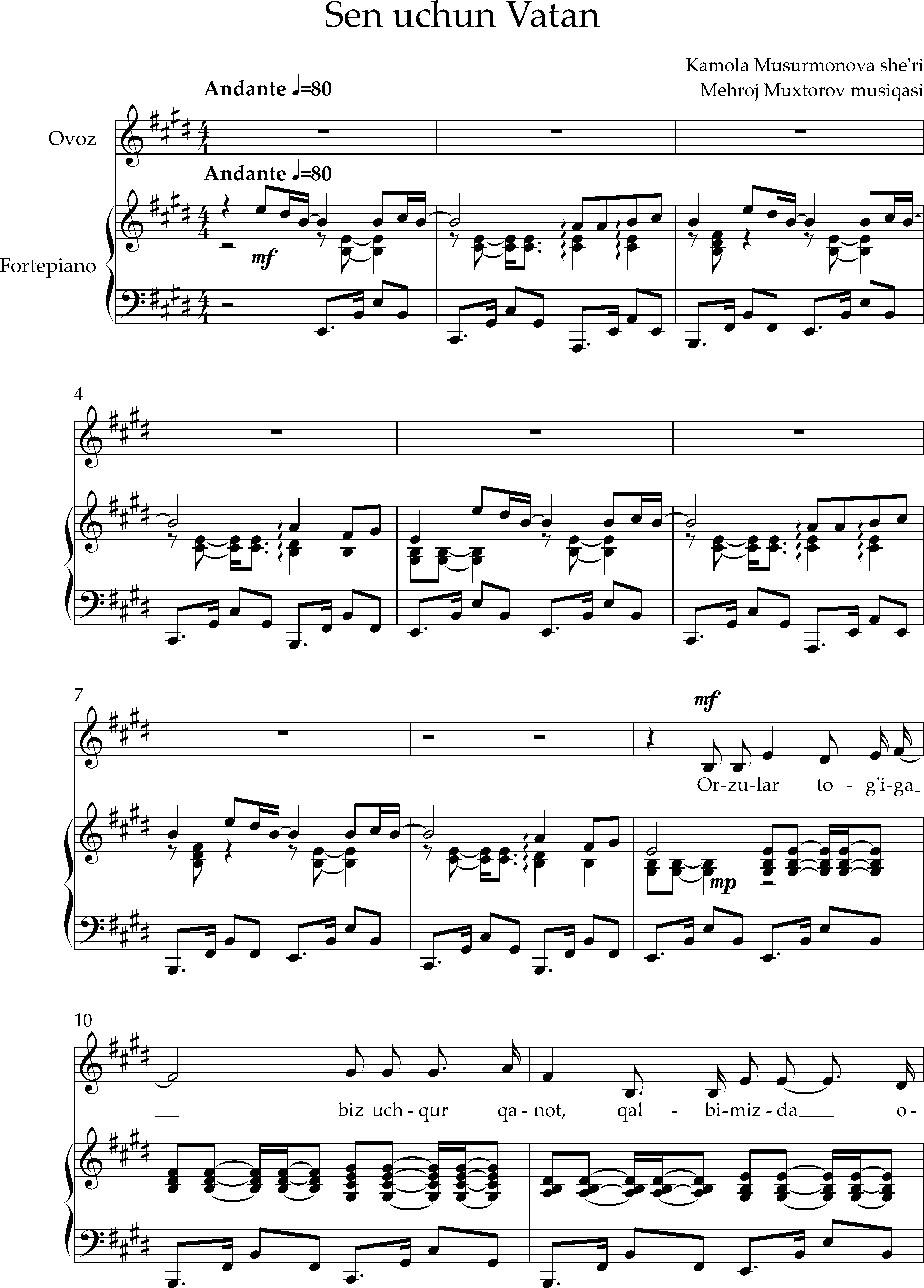"Sen uchun Vatan!" (O'quvchilar madhiyasi)-(ovoz va fortepiano uchun qo'shiq) -Mehroj Muxtorov musiqasi, Kamola Musulmonova so'zi.